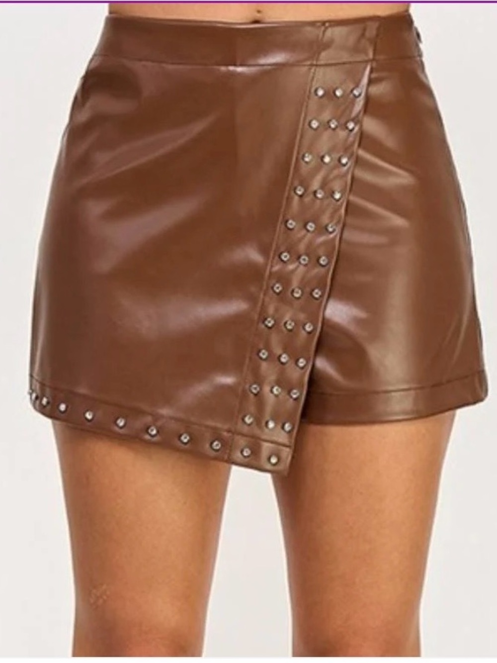 Milk & Honey Brown Faux Leather Studded Wrap Mini Skort